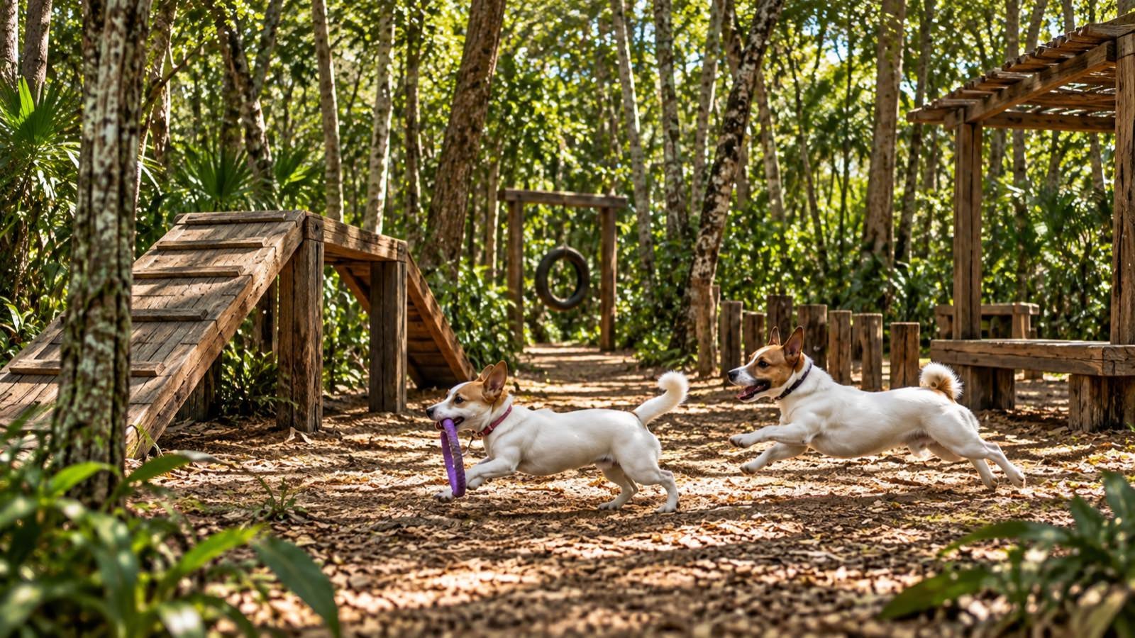Perros jugando en un sendero con estructuras de madera (rampa, columpio de llanta y pérgola) rodeado de vegetación